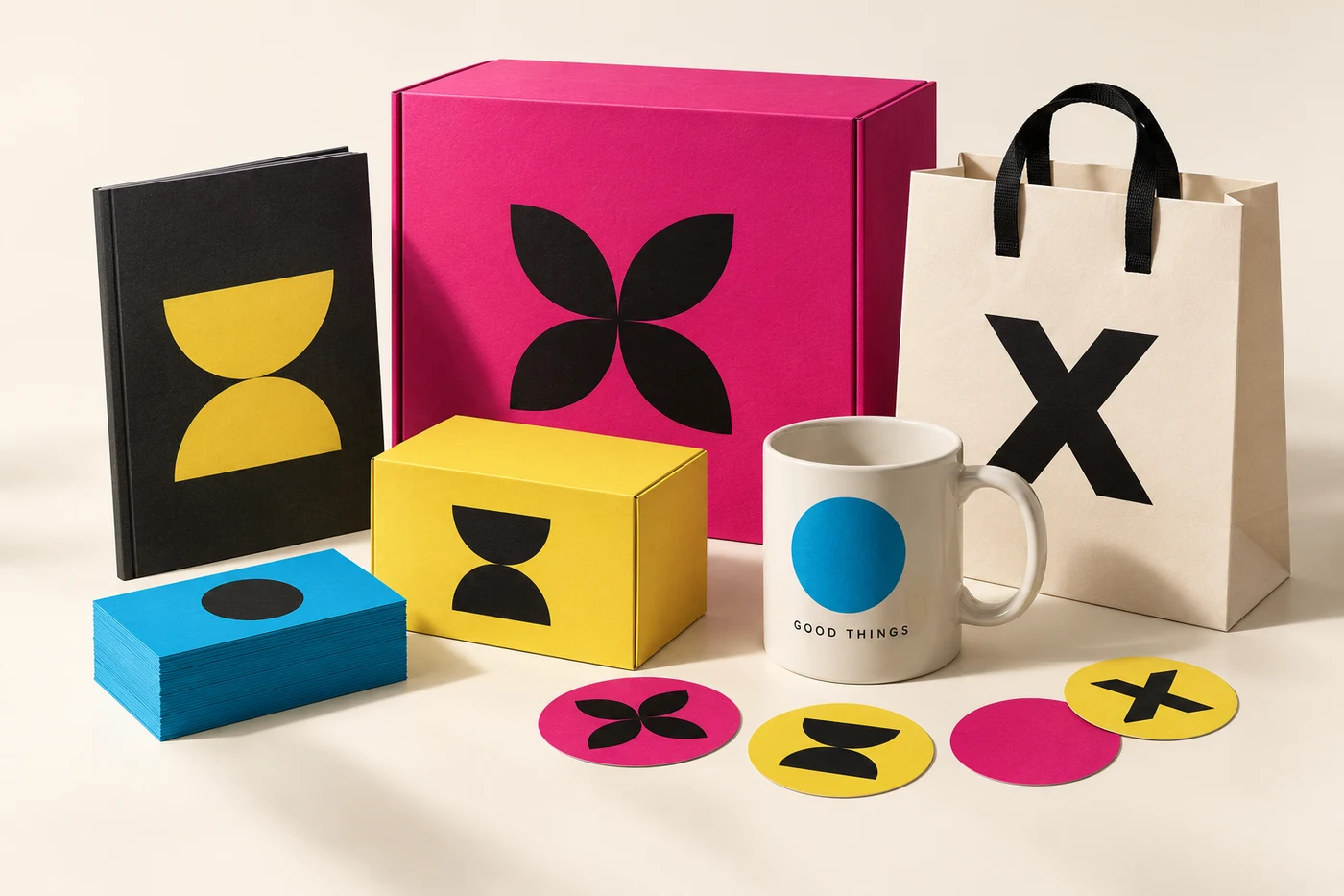 A collection of custom printed products in cyan, magenta, yellow and black